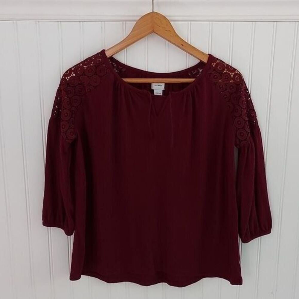 Old Navy Girls XXL 16 Burgundy Crochet Lace Shoulder‎ Peasant Blouse 3/4 Sleeve